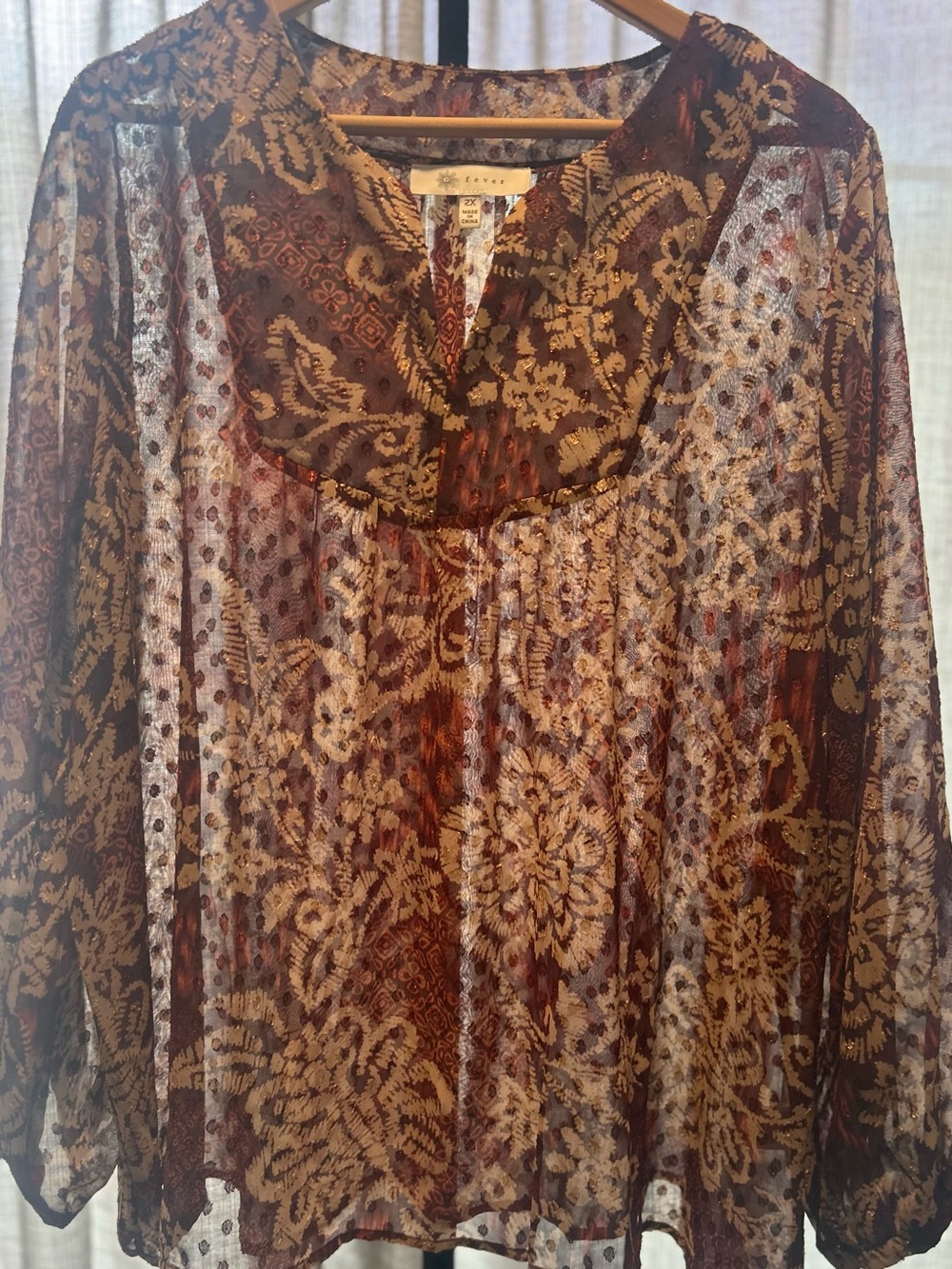Fever Sheer Floral Paisley Blouse in Brown and Cream